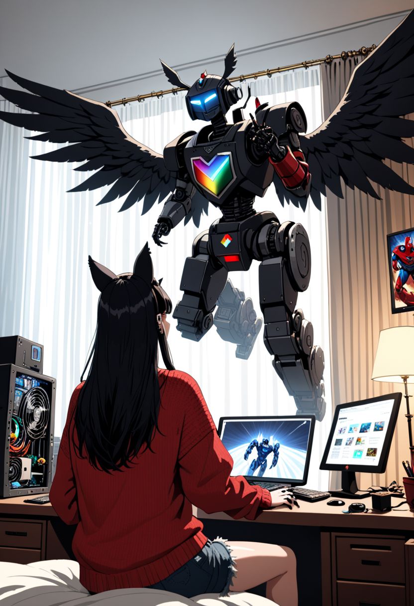 aszkstzz, black wings, solo, ice cube, robot, computer, curtains, absurdly long hair, pillow, blunt bangs, cutoffs, fang, fake animal ears, old, phone, from behind, rainbow, shoulder armor, ear piercing, piercing, red sweater, black nails, superhero, ,  cinematic angle, masterpiece, best quality ,