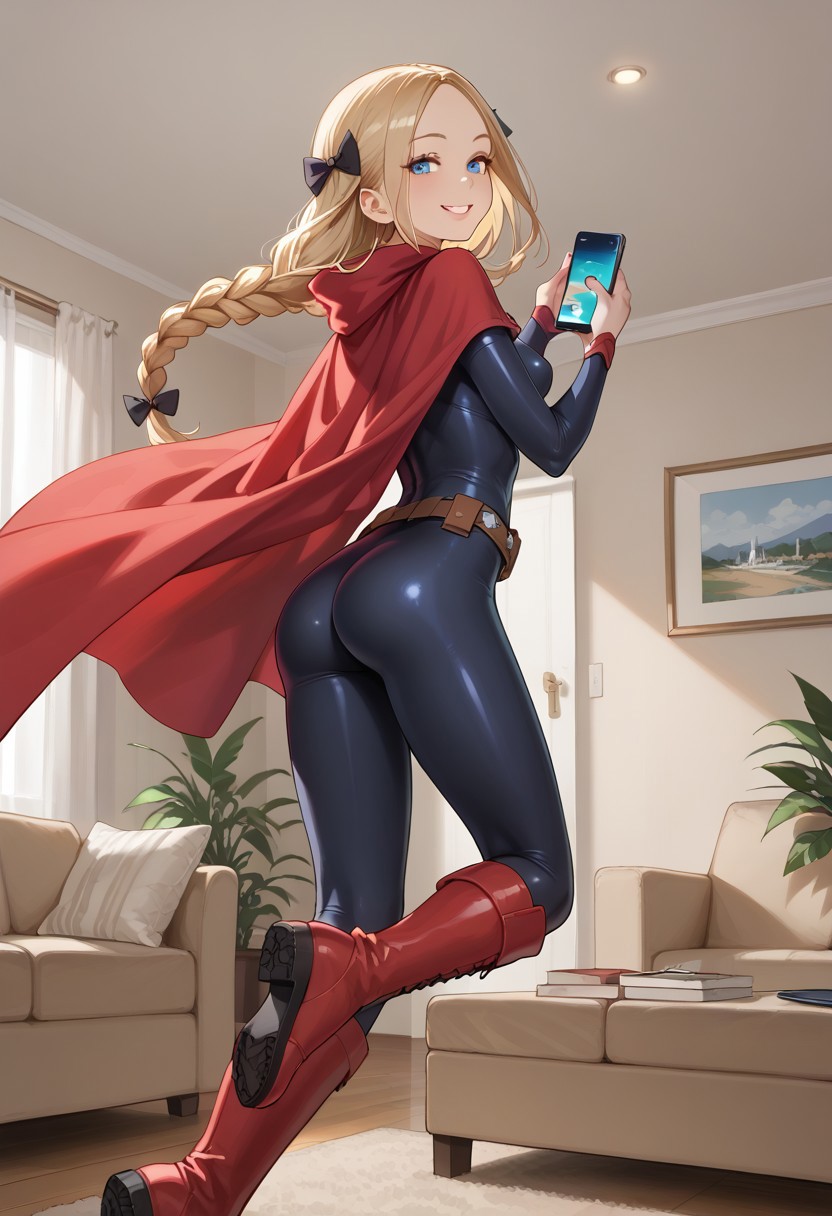score_9, score_8, score_7, source_anime,
BREAK
blonde hair, long hair, blue eyes, forehead, sidelocks, braid, hair bow, parted bang, superhero, bodysuit, red cape, red boots, belt, red cape, flying, smile,, skinthight, medium breasts, ass, (micro girl)
BREAK
(( living room, indoors, holding phone)), viewed from behind, looking at viewer