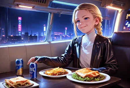 rV interior, recreational vehicle interior, anime coloring, score_9, score_8_up, score_7_up, score_6_up, 1girl Vaylin, solo, solo focus, blonde, braid, blue eyes, indoors, table, feast, dinner, single braid, white tunic, gold trim, black pants, zettai ryouiki, sleeves past fingers, solo, lips, night, denim, can, leather, bioluminescent, leather jacket, cyberpunk, city, vending machine, neon lights, general, smug,