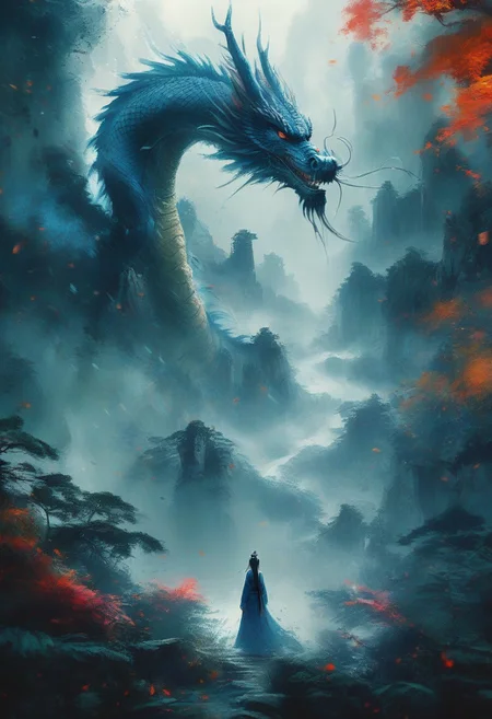A colorful ink sketchA, A cinematic scene of the damsel standing in a clearing, facing the dragon that roars above her with fire flickering from its mouth. The jungle is alive with glowing flora, and the ruins around them hint at an ancient power. The damsel holds her ground, her expression fierce. High contrast, silver tones, hyper-realistic details capturing the scales of the dragon and the beauty of the jungle. 4K resolution