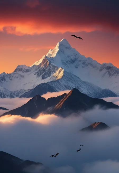 photograph Herd of dragons flying over clouds and snowy mountain peak at sunrise