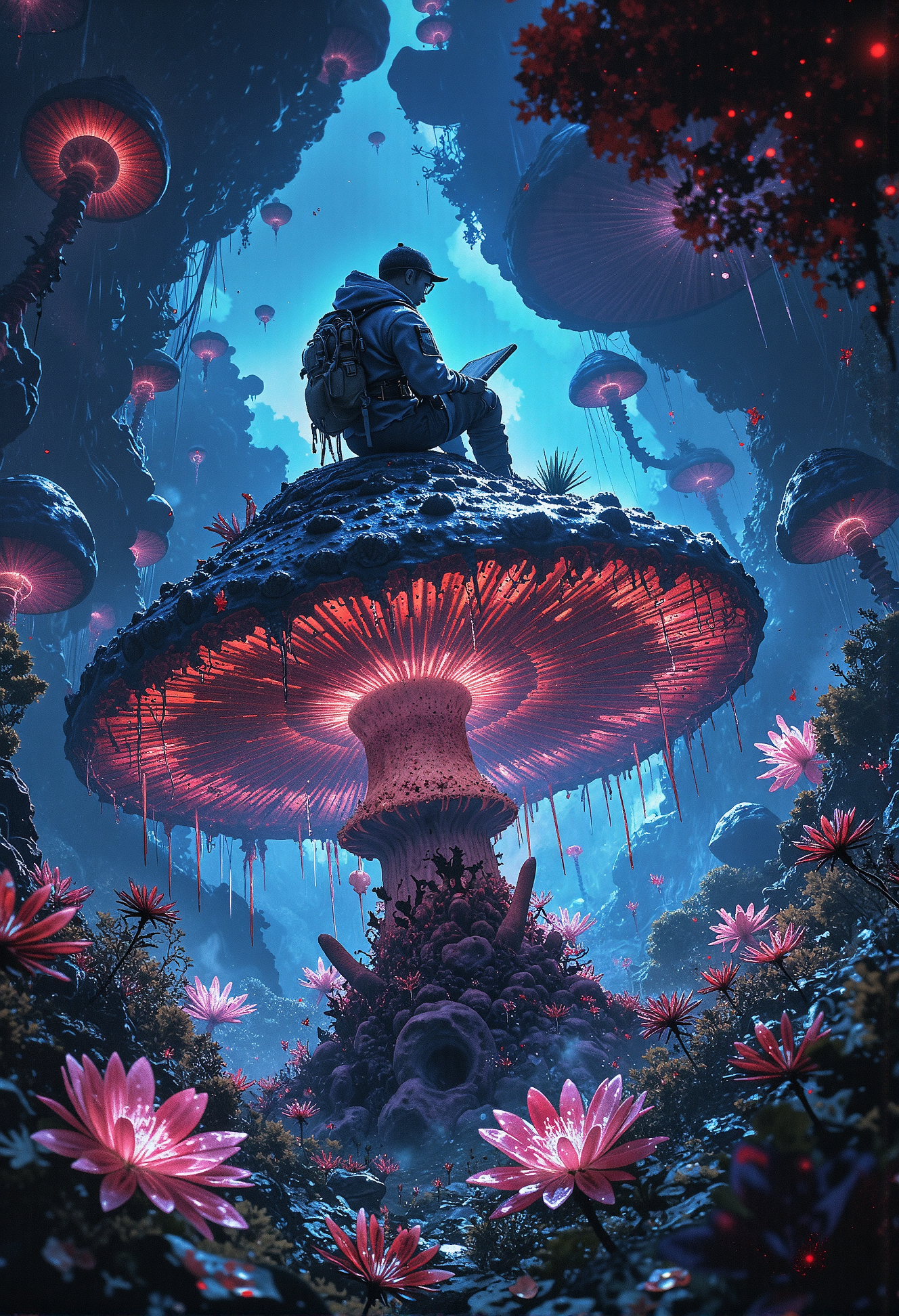 Space explorer, sitting atop a giant alien mushroom, sketching glowing fauna, bioluminescent jungle, curious pose <lora:Elden_Ring_-_Yoshitaka_Amano.safetensors:1.0>,  <lora:black_fantasy.safetensors:0.75>,