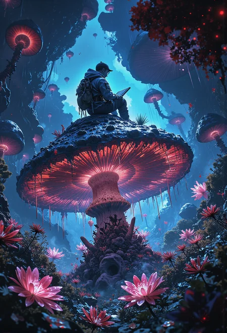 Space explorer, sitting atop a giant alien mushroom, sketching glowing fauna, bioluminescent jungle, curious pose <lora:Elden_Ring_-_Yoshitaka_Amano.safetensors:1.0>, <lora:black_fantasy.safetensors:0.75>,