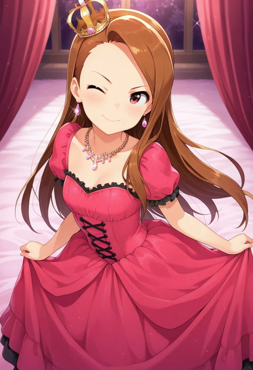 masterpiece,best quality,amazing quality, minase iori, long hair, brown hair, brown eyes, 1girl, one eye closed, jewelry, solo, earrings, smile, dress, crown, necklace, ;), looking at viewer
