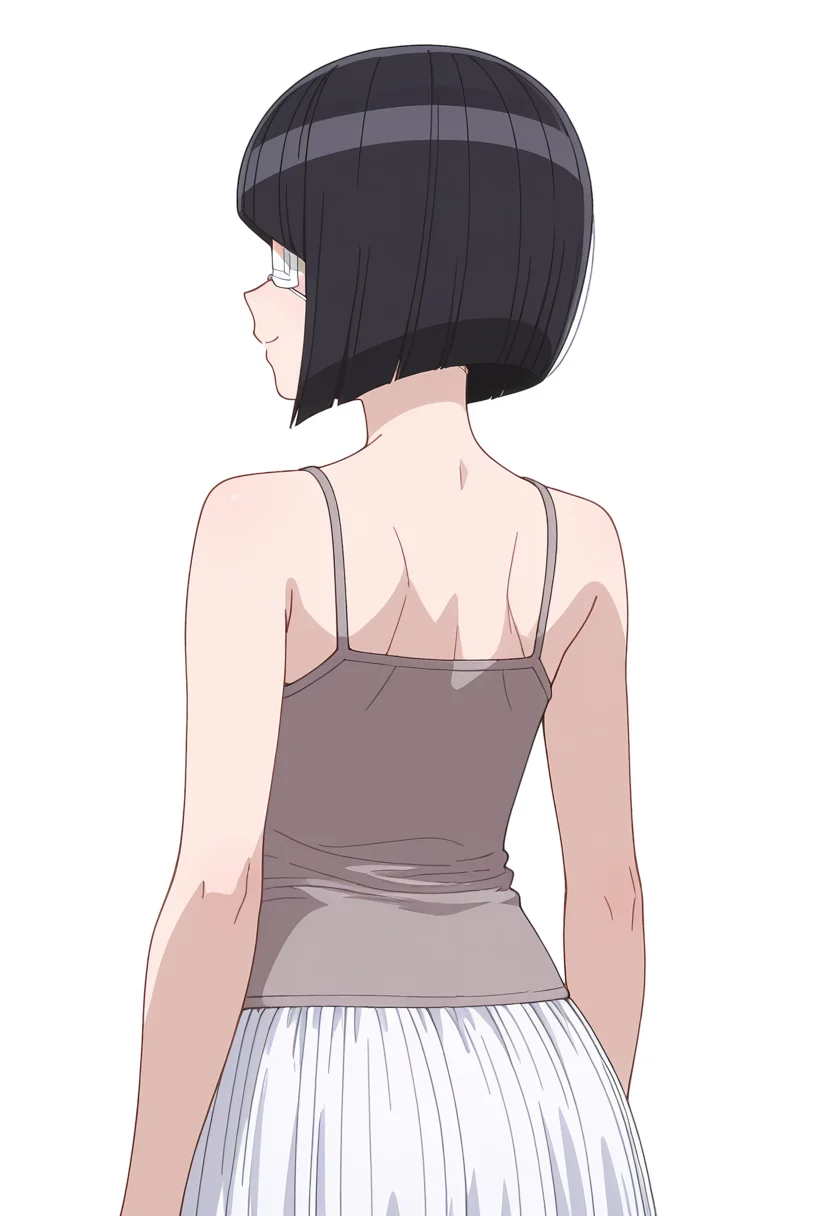 Smooth Quality,masterpiece,very intricate, high quality details, ultra realistic, high detailed skin,detailed enviorement,
simple background, white background,from behind,^ ^,
panel skirt, ,tank top, camisole, ,mesh shirt, , <lora:Nakanaka_Omoharu_cnn:0.8> nakanakaomoharucnn, 1girl,black hair, short hair, bangs, bob cut, yellow eyes, eyepatch,