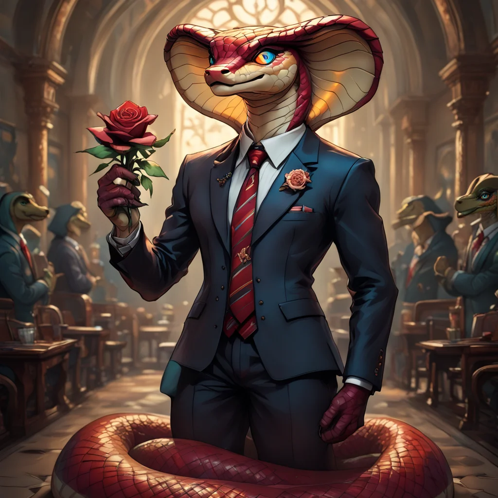 anthropomorphic_snakes_(naga), snake eyes, scales, masterpiece, best quality, amazing quality, very aesthetic, dynamic angle, face focus, depth of field, small breasts, A digital illustration shoot from the side about a character with a snake-like appearance and a anthropomorphic_snakes_(naga) in a formal attire, standing next to each other in an indoor setting. the image also shows a warm and cozy atmosphere with soft lighting. on the left side of the image, a amazing anthropomorphic_snakes_(naga) with short, dark brown hair, wearing a dark brown suit and holding a red rose in his hand, appears to be standing with a smile on his face, looking at the viewer with blue eyes. he has a slim body and is standing with his hands clasped together in front of the anthropomorphic_snakes_(naga), who is wearing a red dress with a hood and a tail. the anthropomorphic_snakes_(naga) has large breasts and a confident expression, with her eyes looking to the side and her mouth slightly open, as if she is about to say something. she has a happy expression on her face and is smiling at the anthropomorphic_snakes_(naga). the background is a softly lit room with a desk and a window, giving off a sense of warmth and comfort. 1anthropomorphic_snakes_(naga), breasts, blush, smile, short hair, blue eyes, shirt, large breasts, black hair, 1anthropomorphic_snakes_(naga), holding, closed mouth, standing, tail, closed eyes, jacket, flower, outdoors, cowanthropomorphic_snakes_(naga) shot, pants, suit, necktie, holding flower, indoors, black suit, white shirt, suit jacket, holding rose, red flower, hood up, blazer, fish scales, pg safe,amazing, (anthropomorphic_snakes_(naga):0.7000000000000001), ( ArsMJStyle, Wonderland:0.7000000000000001), (Midjourney3PXL-B:0.34), (MJ:0.36), end_delft_morph<lora:pony\Anthropomorphic_snakes_Naga-pony.safetensors:0.7000000000000001:0.7000000000000001> <lora:pony\midjourney\WonderlandPony_r1.safetensors:0.7000000000000001:0.7000000000000001> <lora:pony\midjourney\Midjourney3PXL-B.safetensors:0.37:0.37> <lora:pony\midjourney\MJXLP.safetensors:0.43:0.43> <lora:pony\Midjourney_Porcelain_DelawareDelft_Morph_XL.safetensors:0.56:0.56>