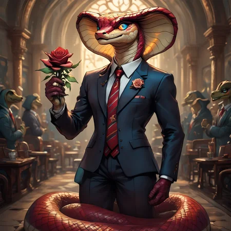 anthropomorphic_snakes_(naga), snake eyes, scales, masterpiece, best quality, amazing quality, very aesthetic, dynamic angle, face focus, depth of field, small breasts, A digital illustration shoot from the side about a character with a snake-like appearance and a anthropomorphic_snakes_(naga) in a formal attire, standing next to each other in an indoor setting. the image also shows a warm and cozy atmosphere with soft lighting. on the left side of the image, a amazing anthropomorphic_snakes_(naga) with short, dark brown hair, wearing a dark brown suit and holding a red rose in his hand, appears to be standing with a smile on his face, looking at the viewer with blue eyes. he has a slim body and is standing with his hands clasped together in front of the anthropomorphic_snakes_(naga), who is wearing a red dress with a hood and a tail. the anthropomorphic_snakes_(naga) has large breasts and a confident expression, with her eyes looking to the side and her mouth slightly open, as if she is about to say something. she has a happy expression on her face and is smiling at the anthropomorphic_snakes_(naga). the background is a softly lit room with a desk and a window, giving off a sense of warmth and comfort. 1anthropomorphic_snakes_(naga), breasts, blush, smile, short hair, blue eyes, shirt, large breasts, black hair, 1anthropomorphic_snakes_(naga), holding, closed mouth, standing, tail, closed eyes, jacket, flower, outdoors, cowanthropomorphic_snakes_(naga) shot, pants, suit, necktie, holding flower, indoors, black suit, white shirt, suit jacket, holding rose, red flower, hood up, blazer, fish scales, pg safe,amazing, (anthropomorphic_snakes_(naga):0.7000000000000001), ( ArsMJStyle, Wonderland:0.7000000000000001), (Midjourney3PXL-B:0.34), (MJ:0.36), end_delft_morph<lora:pony\Anthropomorphic_snakes_Naga-pony.safetensors:0.7000000000000001:0.7000000000000001> <lora:pony\midjourney\WonderlandPony_r1.safetensors:0.7000000000000001:0.7000000000000001> <lora:pony\midjourney\Midjourney3PXL-B.safetensors:0.37:0.37> <lora:pony\midjourney\MJXLP.safetensors:0.43:0.43> <lora:pony\Midjourney_Porcelain_DelawareDelft_Morph_XL.safetensors:0.56:0.56>