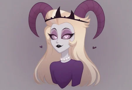 lilith, purple eyes, half-closed eyes, black lips, blonde hair, pearl necklace, demon horns, grey/gray skin, grey sclera, black crown, evil eyes, purple dress, heart floating, heart-shaped pupils, aroused, heart eyes, cupid arrow, Valentine's day themed, 1girl, solo