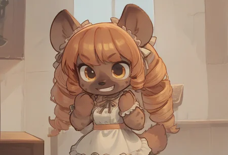 chibi
Art by Phallusbro[STYLE], Phallusbro[STYLE], furry, furry art, Cartoony, Cartoon like, cutesy style,
csr style, fcNeg, updn,
NEGATIVE_HANDS, 
HD, digital painting, painting, digital art, digital media (artwork), hi res, (uploaded on e621:1.1), best quality, highly detailed, intricate details, extremely detailed, perfect hands, negative_hand, detailed, clean lines, Shaded, painted,
game CG, official art, score_9, score_8_up, score_7_up, score_6_up, score_5_up, score_4_up. 
yuri, animalistic features, smiling, grin,
1 girl, hyena anthro, fluffy, cute, ruffled dress, ribbons, frills, frilly dress, fluffy tail, hyena tail, yellow eyes, glowing eyes, long hair ,tan body, tan fur, brown fur, brown body. clothed. dress, mega twin drills