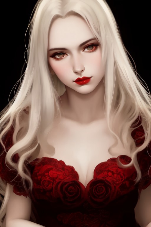 Austrian vampire girl, 23 years old, (beautiful:1.75), (very pale skin:1.35), (gothic makeup:0.99), (Red Lipstick:1),  (anime:0.35), (oval face:0.25), (attractive), (elegant1.5), (night), (front view:1.25), (medium shot), (elegant), 10 minutes before the world will end, hyper-realistic, ultra-detailed, insanely detailed, 4k, realistic 8k, shot on portra 400, (back light), (anime:0.05), (style of Leonardo da Vinci:1.0), (masterpiece), (style of Sandro Botticelli:1), (style of Gil Elvgren:1)