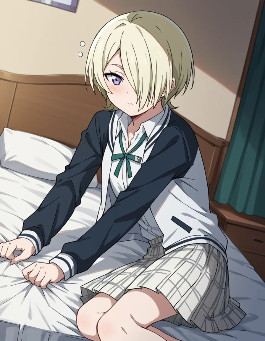 score_9, score_8_up, score_7_up, source_anime, <lora:mia-taylor-s2-ponyxl-lora-nochekaiser:1>, mia taylor, short hair, blonde hair, purple eyes, hair over one eye,, skirt, shirt, ribbon, school uniform, collared shirt, plaid, black shirt, neck ribbon, plaid skirt, white skirt, jacket, checkered skirt, nijigasaki academy school uniform,, indoors, bed, bed room, on side, blush, drunk, looking at viewer, solo,, cowboy shot, dutch angle