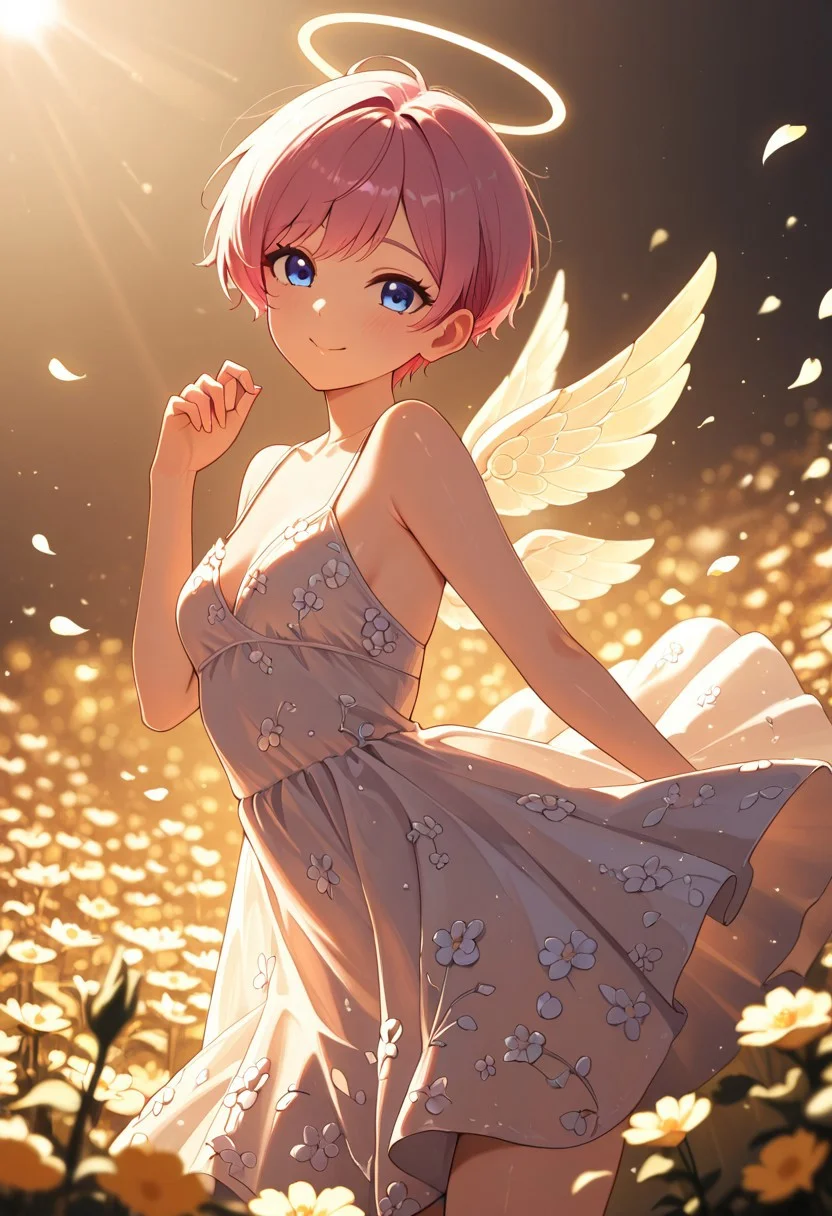 masterpiece, best quality, good quality, very aesthetic, absurdres, newest, 8K, depth of field, in the style of cknc, artist:moriimee, in the style of cksc,
1girl, short pink hair, pixie cut, blue eyes, small breasts, firm, flower petal dress, glossy skin, flying mid-air, wings fluttering, giggling, looking at viewer, from front
BREAK
flower garden, petals floating, sunlight beaming
BREAK
dynamic light, warm colors, high contrast, golden hour lighting, rich details, playful atmosphere