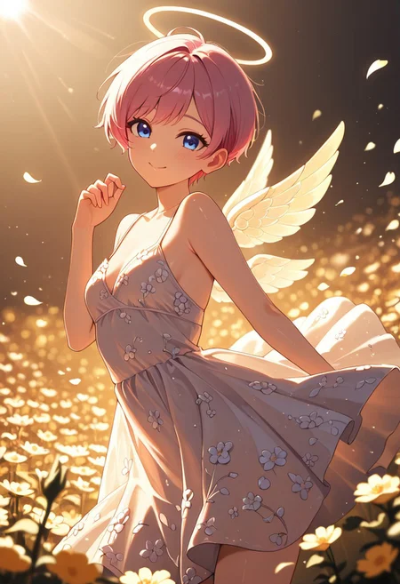 masterpiece, best quality, good quality, very aesthetic, absurdres, newest, 8K, depth of field, in the style of cknc, artist:moriimee, in the style of cksc,
1girl, short pink hair, pixie cut, blue eyes, small breasts, firm, flower petal dress, glossy skin, flying mid-air, wings fluttering, giggling, looking at viewer, from front
BREAK
flower garden, petals floating, sunlight beaming
BREAK
dynamic light, warm colors, high contrast, golden hour lighting, rich details, playful atmosphere