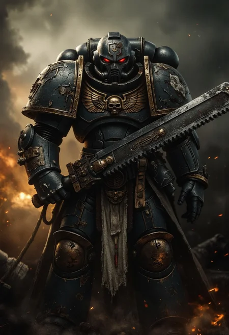 A dramatic close-up of a Space Marine from the Warhammer universe, his towering figure partially shrouded in dense, swirling black and brown smoke. He holds a chainsword menacingly close to his face, its brutal, serrated teeth vibrating with a low, menacing hum. The weapon’s jagged edges glint faintly in the dim, flickering light of a distant explosion, emphasizing its raw, destructive power.
The Marine's battle-worn helmet is overshadowed by the blade, its desolate, scarred surface marred by cracks and scorch marks from countless battles. A faint red glow emanates from his one remaining functional eye lens, piercing through the smoke like an unyielding beacon of war. The other lens is shattered, exposing a hint of his face—scarred, grim, and covered in soot, a testament to his endless struggle.
The purity seals on his armor are torn and stained, fluttering weakly in the choking air. Sparks and embers dance around him, illuminating the intricate yet battered details of his ornate power armor. The scene is steeped in tension and dread, as the surr of the chainsword resonates ominously, foreshadowing violence. Behind him, the faint light of distant artillery fire flickers through the haze, casting sporadic flashes across his imposing silhouette. The atmosphere is one of grim determination and merciless resolve, embodying the unforgiving brutality of the 41st millennium.