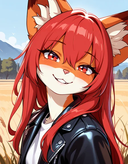 masterpiece, best quality, very aesthetic, absurdres,
outdoors, headshot, face focus,
shirt,leather jacket,
seductive smile, parted lips, long eyelashes,
<lora:Lia_v01_NAIXL:1> Lia,1girl,solo,furry female,fox girl,long hair,red hair,bangs,fox ears,animal ear fluff,hair between eyes,red eyes,animal nose,body fur,two-tone fur,orange fur,white fur,