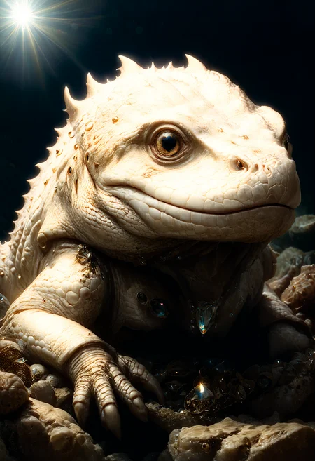 <lora:Mythical_Beasts:0.8> fmbAmphibious creature with jewel-encrusted carapace,  <lora:SDXLFaeTastic2400:0.8>, dense light rays, <lora:EnvyFeverDreamXL01a:0.7> <lora:The_Classic:0.8>