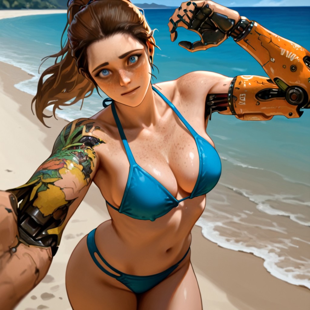 1girl,solo,Hannahstone,blue eyes,freckles,mechanical arm,arm tatoo,long hair,ponytail,brown hair,,expressive, masterpiece,best quality,amazing quality,cowboy shot,bikini,beach,dynamic pose,pov,looking at viewer