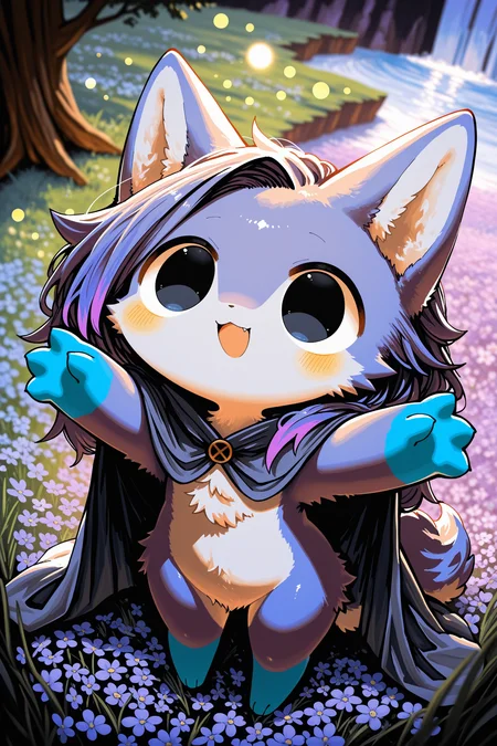 <lora:AscellaNadir_vpred 3.1:1> solo, furry, no human, anthro wolf, chibi, (fluffy, solid circle eyes, big eyes:1.25), purple body, purple hair, long hair, asymmetrical hair, cyan highlights, purple highlights, white countershading, multicolored hair, blue dipstick limbs, BREAK, [living plushie::0.5], ambient firefly, cloak, three-quarter view, open smile, looking up, head up, outstretched arms, from above, perspective, high-angle view, dutch angle, BREAK, masterpiece, best quality, high quality, purple theme, [:by Cottontailtokki, by Saru:0.15], [:by Potg \(Piotegu\):0.55], blurred background, detailed foreground, sun light, depth of field, backlighting, fantasy, [:tree, grass:0.1], [monochrome:cliff, waterfall, flower field:0.25]