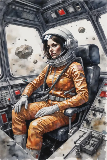 yawc1 watercolor.
A woman wearing a futuristic yet retro spacesuit sitting inside a retro chrome spacecraft, confidently pilotingthrough asteroids <lora:yawcolor_nocap_d4a2:1.0> <lora:schnell_v1.0:1.0><lora:798376670479369744:0>