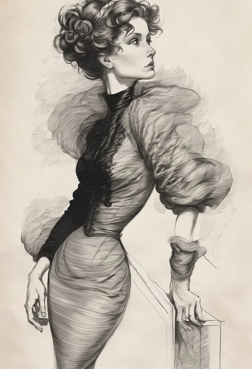 a finely detailed black and white ink ultra-feminine drawing of a tall and haughty modern Gibson Girl looking down her nose and curling her lip at the viewer, her elegant fitted cocktail dress is high necked and very tightly corseted with large gigot sleeves. red lips, medium breasts, long and wavy and elaborately styled hair, high cheekbones, perfect proportions, descending a grand staircase, moody atmosphere