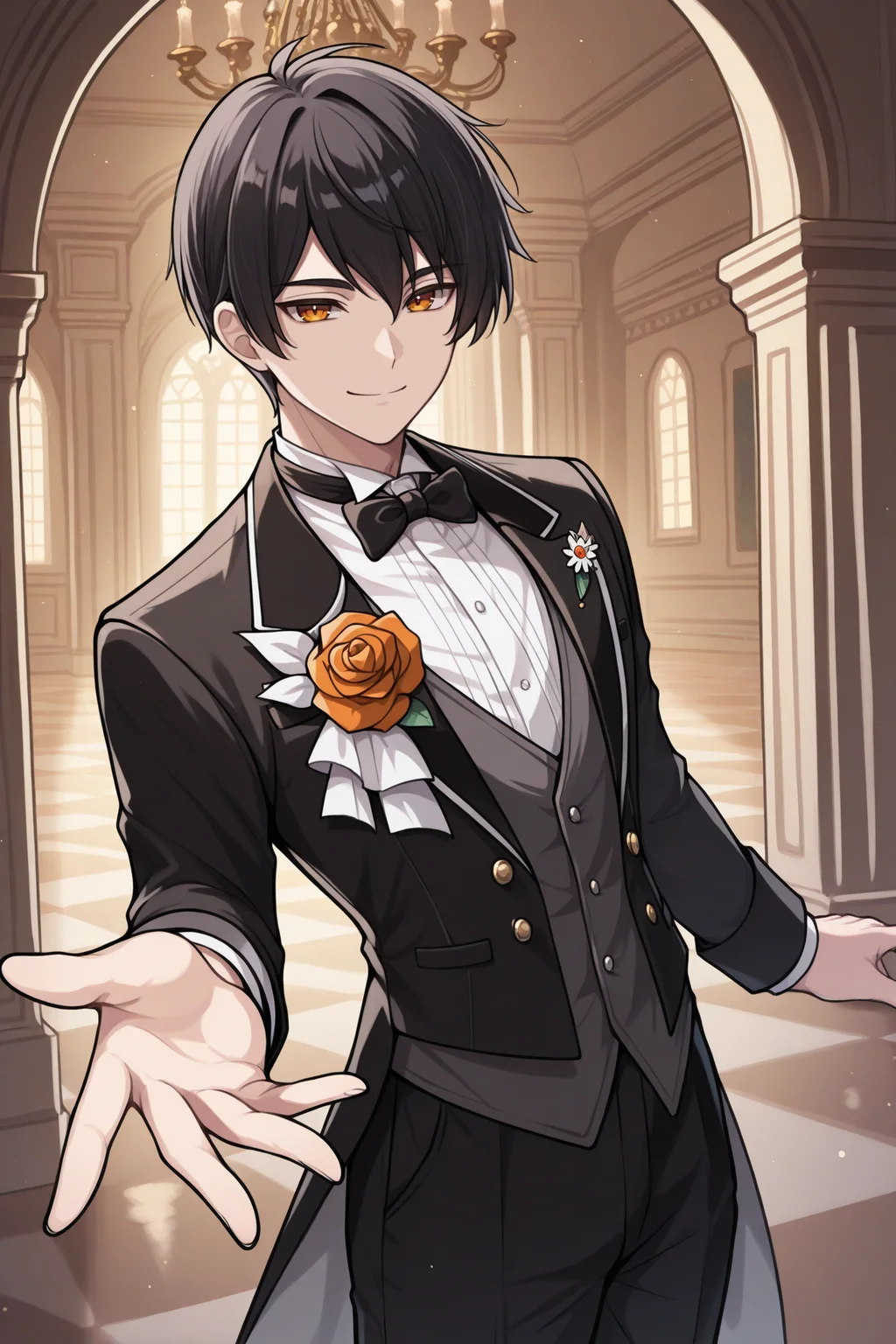 masterpiece, best quality, 1boy, male focus, solo <lora:joshuabright-illu-nvwls-v1-000006:1> csjsha, black hair, short hair, amber eyes, black tuxedo, black pants, formal, corsage, black bow tie, outstretched hand, smile, looking at viewer, mansion, chandelier