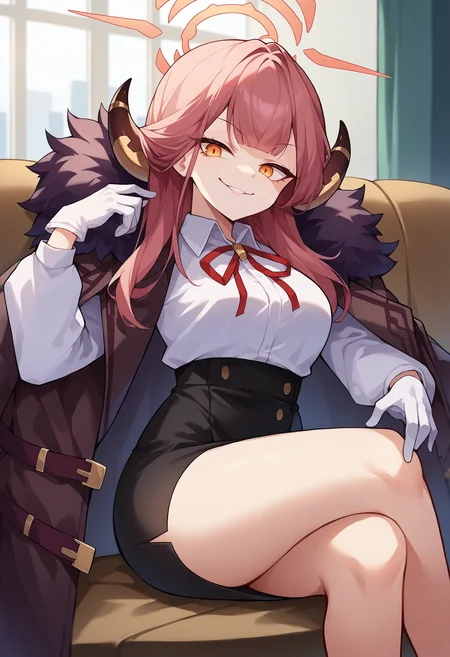 score_9, score_8_up, source_anime, 1girl, solo, AruBase, long hair, horns, halo, dress shirt, white shirt, long sleeves, red neck ribbon, black skirt, high-waist skirt, white gloves, coat on shoulders, fur-trimmed coat, smile, smug, indoors, office, on sofa, crossed legs, <lora:ChamRikuhachimaAruPonyXL:1>