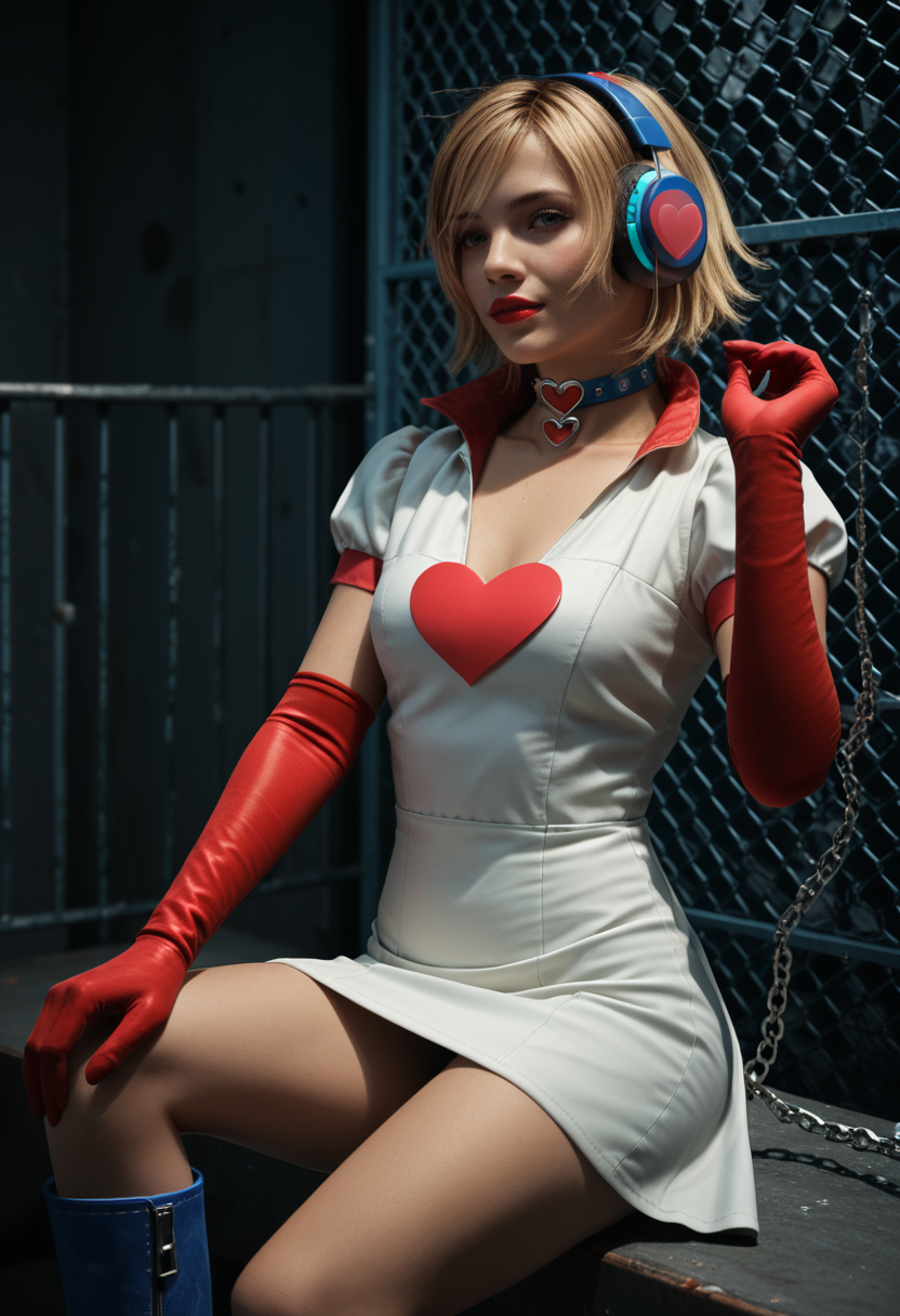 score_9, score_8_up, score_7_up,  <lora:Heather_SH3_Costume_Pony:0.7> puthere2feeljoy,1girl, red elbow gloves, blonde hair, headphones,white dress, skirt, heart, choker, blue boots,  <lora:dark:0.3> dark, sexy, metal bars, chain-link fence, rust  <lora:Heather_Silent_Hill_3:0.5> sh3heather, lipstick