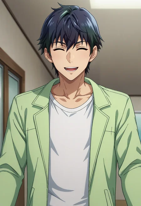 score_9, score_8_up, score_7_up,source_anime,BREAK, rating_safe, intricate details , , , official style, amazing quality, depth of field,1boy, solo, male focus , , , <lora:Herrman:0.73>, desir herrman,black hair,multicolored hair,closed eyes,short hair,looking at viewer, smile, open mouth, shirt, jacket, collarbone, white shirt, upper body, open clothes,reaching,teeth, indoors, upper teeth only,green jacket,t-shirt,outdoors,from below , , ,  <lora:sdxl_lightning_8step_lora_315544:1>