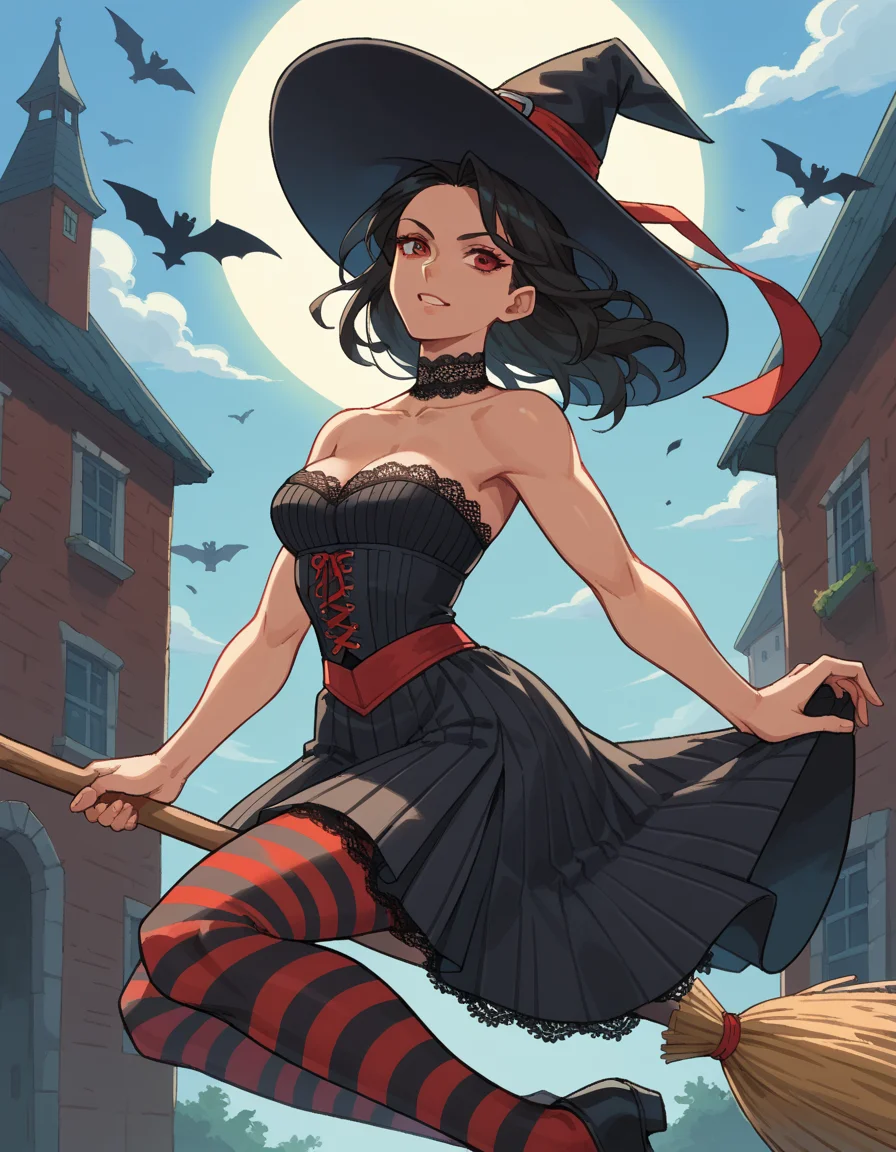 Street Fighter style score_9, score_8_up, score_7_up, score_6_up, score_5_up, score_4_up, hud_br00m, 1girl, solo, broom, Burgundy and black striped full gown with a fitted corset, high neck lace collar, full skirt with lace hem, art by Luis Royo, broom riding, long black hair, witch hat, <lora:hud_br00m_XLP:0.6>, flying