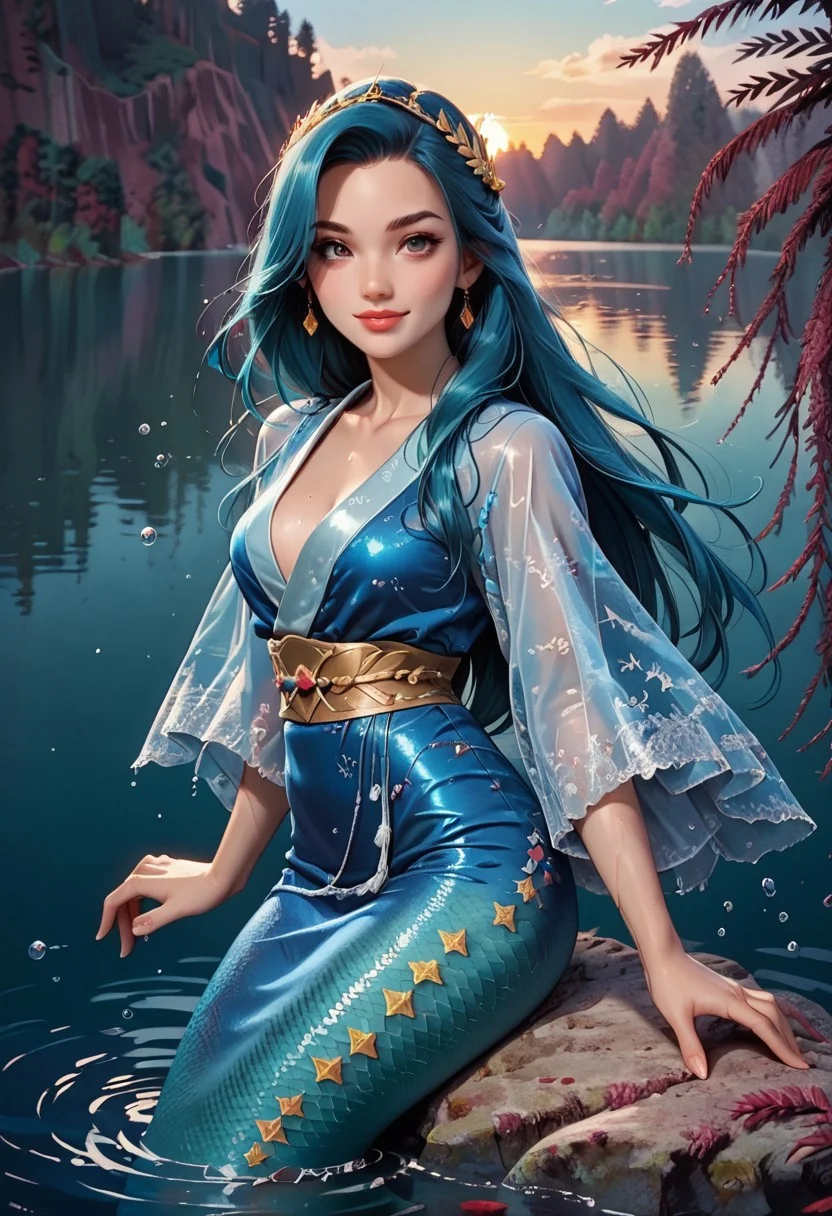 score_9, score_8_up, score_7_up, Cowboy Shot, girl, cute, seductive, innocent, light smile:0.3, plump lips, slender body, floating blue hair, long hair, water:0.7, waterdrop, wet, high detailed blue kimono texture, intricate pattern, ultra detailed, textured clothing, softlight passing through hair, sunset, lake background, 4n1v3rs3, depth of field, dynamic angle, fashion photography, sharp, hyperdetailed:1.15, ppm3r41ds, mermaid,