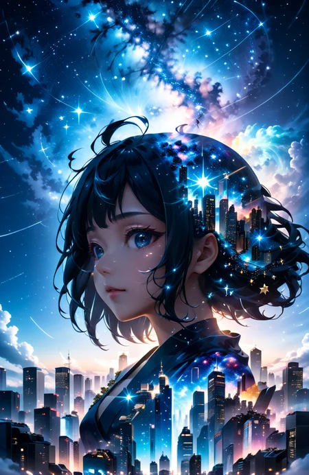 Japanese anime (8K, HDR, animation, real) a girl Starry intertwined cityscape🏙️✨, Starlight illumination and silhouette light🌠💡, Stardust silver and deep sky blue🌌🎆, Peaceful and powerful😌💪, Full-body portraits, fusion of human and cosmic elements🖼️👤 <lora:anime_sdxl_v2:0.6> <lora:xl_more_art-full_v1:0.3>
and <lora:shadow-XL:0.7> ladyshadow
and <lora:Double_Exposure:1> (double exposure:1.2)
ultra supreme detailed, iso800, close-up