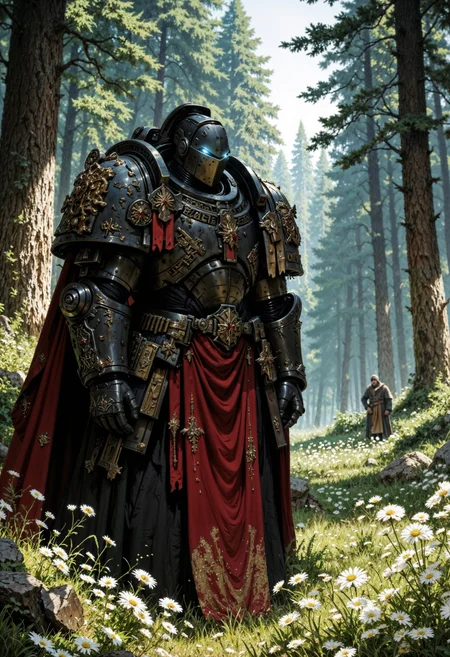 A mysterious, armored figure standing in a serene forest setting. The character is clad in worn, GreyK40k steel grey power armor, partially covered by a tattered, red cloak or mantle that flows down, blending with the natural surroundings. Their face is obscured by a dark, metal helmet with blue eyes, lending them an enigmatic and somewhat intimidating appearance.
The forest around them is vibrant, with soft sunlight filtering through the trees, illuminating a field of wildflowers. The delicate white flowers contrast with the heavy, battle-worn armor, creating a juxtaposition of beauty and strength. The overall setting feels peaceful, yet there is a quiet tension in the air, as if this warrior has seen many battles and is perhaps a wandering knight, far from the wars they once fought.
In the background, the blurred figure of another person can be seen walking through the forest, adding a sense of depth and mystery to the scene. The atmosphere evokes a feeling of solitude, introspection, and a quiet, untold story about the character's journey. The use of light and nature in this composition suggests themes of survival, resilience, and harmony with the natural world, even in the face of conflict. <lora:FluxMythP0rtr4itStyle:0.6> <lora:flux.1_lora_flyway_Epic-Characters_v1:0.6> <lora:Elden_Ring_-_Yoshitaka_Amano:0.33> <lora:FluxGreyK40k:0.9>
