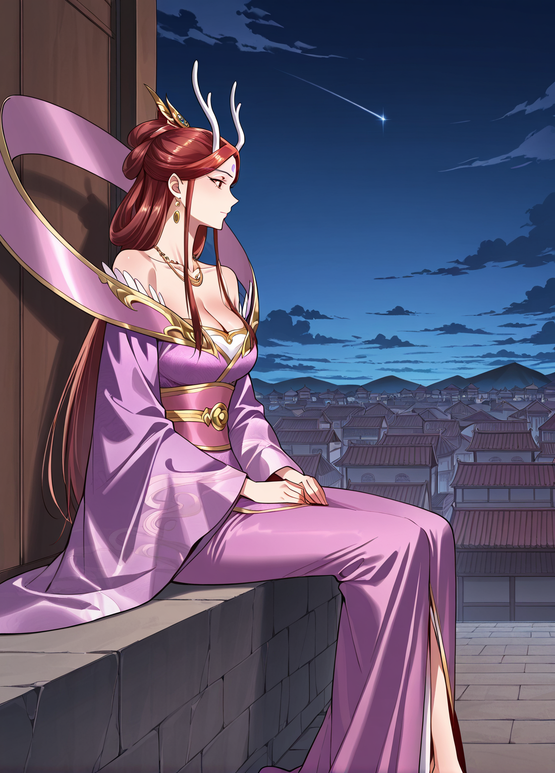 <lora:Lunar_Demon_Overlord_r2:1>
1 girl, solo, long hair, brown hair, red hair brown eyes, horn, mature female
chinese clothes, long dress, purple dress, jewelry, earrings, hair ornament, necklace, forehead mark, bare shoulders, collarbone, cleavage, hanfu, wide sleeves, long sleeves, barefoot
score_9, score_8_up, score_7_up, score_6_up, source_anime, masterpiece, best quality, absurdres, highres, newest, anime coloring <break>  1girl, solo, sitting, on wall, from side, town, night sky, cloud