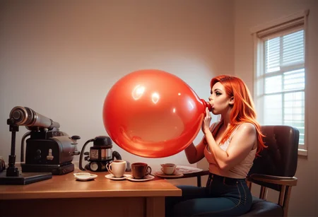 Coffee machine, score_9, score_8_up, score_7_up, score_6_up, score_5_up, score_4_up, flamestyle, perfect face, perfect eyes, she is blowing up a huge balloon, overinflating, the balloon shows wisps of flame inside it.
