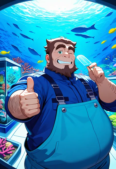 very awa, best quality, masterpiece, 8k, amazing quality, very aesthetic, absurdres, scenery, abstract, surreal, jima, 1boy, umiyan, solo, male focus, mature male, old man, (fat man, bara, manly, chubby:1.3), large pectorals, musclegut, muscular male, thumbs up, holding popsicle, selfie, fisheye, foreshortening, outstretched arm, reaching towards viewer, clenched teeth, open mouth, one eye closed, raised eyebrow, aqua overalls, blue jacket, brown hair, short hair, beard, green eyes, thick eyebrows, sideburns, arm hair, hairy, (fish, aquarium, fish tank, coral, coral reef:1.2), cross road, pillar, dark, caustics, <lora:umiyan_ilxl_6-18:1.2>