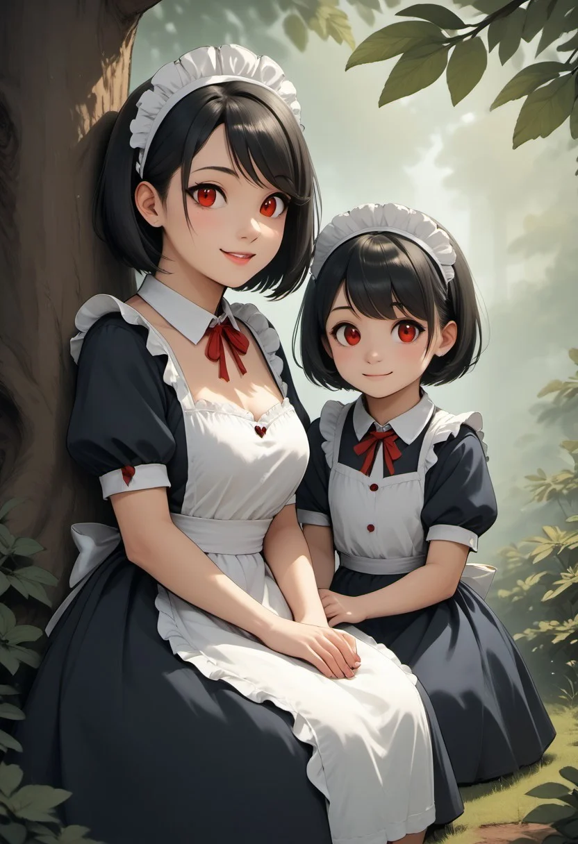 score_9, score_8_up, score_7_up, score_6_up, score_5_up, score_4_up, 2girls, vivid colors, (bob cut, swept bangs, black hair, slit pupils, red eyes), red ribbon, maid outfit, maid headdress, (a mother and her little girl sitting under a tree), cute, feral, outdoors, sitting, a mother teaches her little girl to read, book, nature, medium chest, big smile, (side view:0.9),