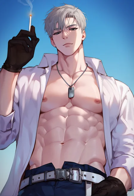 embedding:Pony\Positive\zPDXL3, score_9, score_8_up, score_7_up, score_6_up, passion_ilay, 1boy, grey hair, grey eyes, male focus, pectorals, gloves, abs, cigarette, solo, holding cigarette, open clothes, black gloves, belt, holding, dogtag necklace, dynamic angle, from below