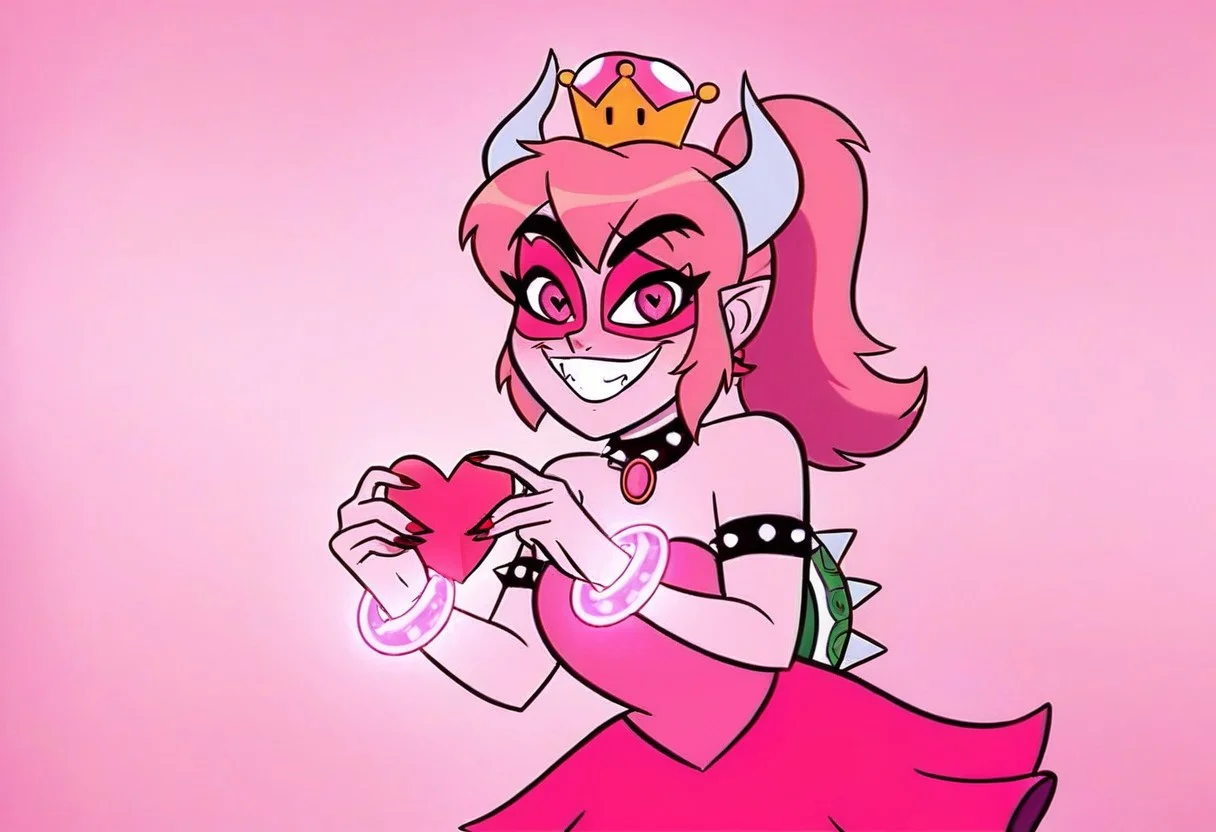 <lyco:MegaMilkV1-20:1.0>, poseMega, 1girl, super crown, collar, horns, bracelet, grin, pink dress, leaning_forward, missheed, pink hair, pink eyes, looking at viewer, ears, tail, eyelashes, thick eyebrows, female, long hair, crown, super crown, bracelet, crown, ponytail, long hair, smile, jewelry, teeth, nail polish, heart floating, heart-shaped pupils, aroused, heart eyes, cupid arrow, Valentine's day themed
