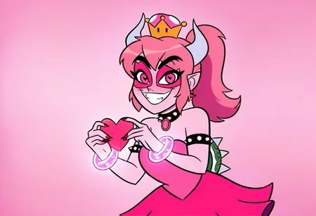 <lyco:MegaMilkV1-20:1.0>, poseMega, 1girl, super crown, collar, horns, bracelet, grin, pink dress, leaning_forward, missheed, pink hair, pink eyes, looking at viewer, ears, tail, eyelashes, thick eyebrows, female, long hair, crown, super crown, bracelet, crown, ponytail, long hair, smile, jewelry, teeth, nail polish, heart floating, heart-shaped pupils, aroused, heart eyes, cupid arrow, Valentine's day themed