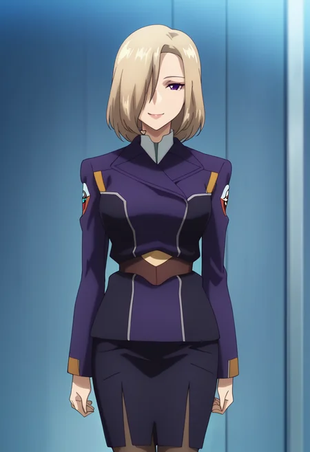 masterpiece, best quality, amazing quality, very aesthetic, absurdres, newest, illustration, perfect composition, intricate details, highres, anime coloring, general, 1girl, solo, (cowboy shot:1.2), rinxx, mature female, purple eyes, blonde hair, short hair, hair over one eye, lips, medium breasts, rinuniform, two-tone jacket, purple military jacket, white collared shirt, long sleeves, emblem, belt, black pencil skirt, pantyhose, high heels, looking at viewer, smile, outdoors, shiny body, shiny skin, skindentation, clear skin, shiny hair, ultra detailed eyes, depth of field, sharp, intricate details, hyperdetailed, ultra-detailed, detailed clothing folds, high contrast, dynamic light <lora:Suzukaze_Rin_Majestic_Prince_ill:1>
