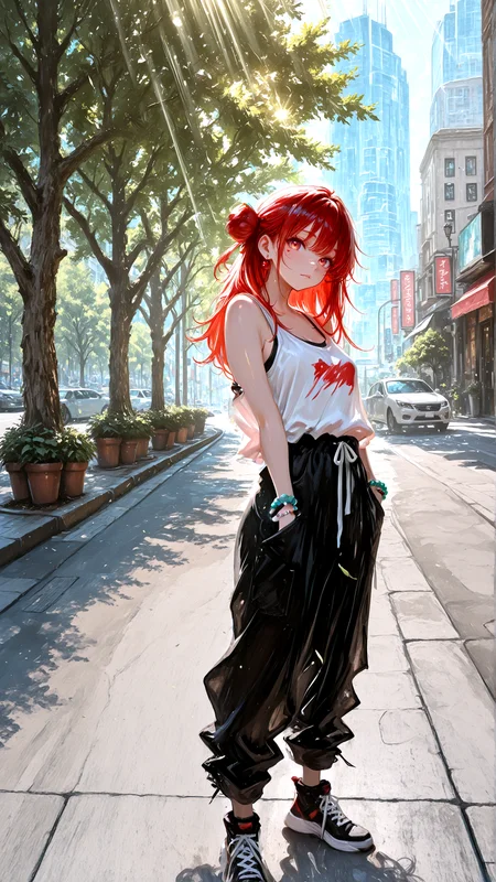 masterpiece, newest,absurdres,incredibly absurdres, best quality, amazing quality, very aesthetic, 
1 girl, tank top, bead bracelet, light rays, city, trees, long shadow, looking at viewer, single side bun, sidewalk,
 <lora:fuyumur4s4ki_style:0.7> fuyumur4s4ki_illu  <lora:HassaKu_style:1> realistic, HassaKu_illu