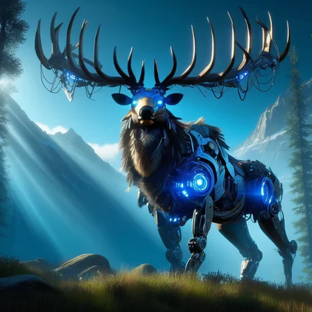 Full metal robot, non- humanoid robt, scifi, (Ultra Realistic:1.0),32k,(Masterpiece:1.0),(High Detailed Skin:1.0),( High Quality:1.0), (Detailed Realistic Background:1.3), (Official Art, Beautiful and Aesthetic:1.2), (Realistic Lighting:1.0), glowing, day, science fiction, nature, grass, deer, scenery, mountain, non-humanoid robot, forest, "An imposing, machine-like elk standing majestically on mountain edge looking at sky, its intricate mechanical parts inspired by the Horizon Zero Dawn style. The elk’s body is a blend of organic and metallic elements, with glowing blue lights coursing through its frame, reflecting the technological sophistication of a bygone era. Its angle are vast and sharp, made of gleaming steel, resembling a regal crown.
The scene is set in a deep of field, epic cinematic lighting, view from below dramatic sky with beams of cinematic light piercing through the canopy, casting dramatic shadows across the elk’s form. The atmosphere is epic and tense, as the elk stands still, as if inspecting its surroundings with quiet intelligence. The mood is both mysterious and foreboding, emphasizing the contrast between nature and technology, framed in high resolution and intense detail, evoking the visual grandeur and storytelling depth of Horizon Zero Dawn."