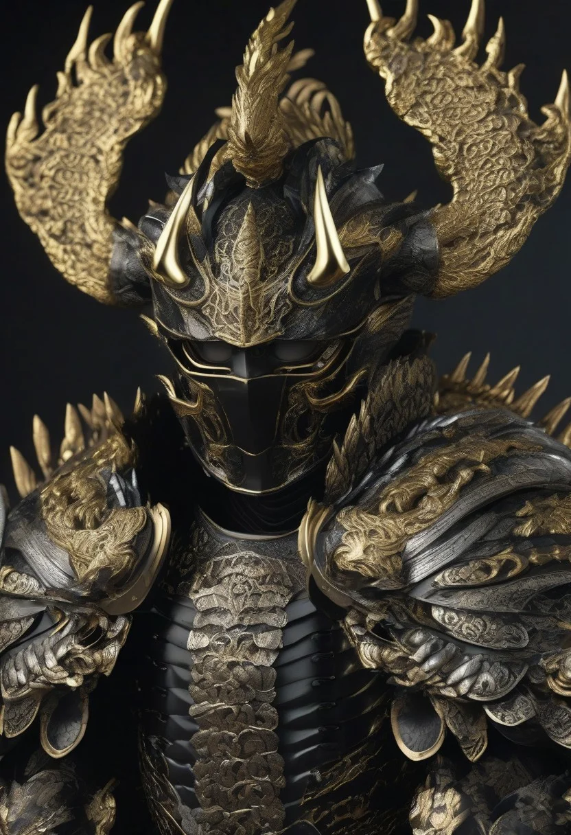 samurai dragon, glowing eyes, body wearing shiny satin black and silver metal samurai armor,intricate ornate weaved gold filiegree, fine detail, extremely detailed, unreal engine