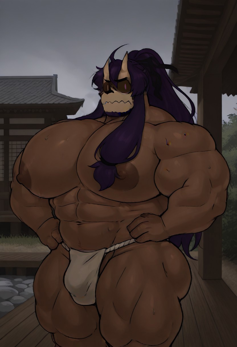 lighting, shading, score_9, score_8_up, score_7_up, score_9, score_8_up, score_8, 2d, absurd_res, hi_res, easynegative, 1boy,solo,male focus, muscular,mature male,humanoid, facing right, dynamic pose, side view, ,oni,demon, brown skin, dark purple hair, ponytail, grey sky, shirtless, fundoshi, hot,slouching, tired expression, mouth closed, angry, annoyed, dark lighting, dusty, hand on hip, hot springs in background,veranda,east asian architecture,shrine,summer,outside,grass,Japanese garden pond,masterpiece,best quality, puffy nipples, 2 pack, bara, big pecs, wide hips, thick thighs abs, male, (solo:1.3), bara, muscular, big nipples, big pecs, tight, standing, looking at viewer, big nipples, showing off, plump, thick thighs, wide hips, , showing off, thick thighs, wide hips, naked below waist, massive ass, 
<lora:tweak-detail-xl:-1.5