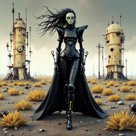 2d, sad scenery, elitist,complex A high-fashion shot of a tall woman in a structured black leather bodysuit with intricate cut-out details. The outfit is paired with thigh-high boots and a long, flowing black cape, her hair slicked back, her eyes fierce and focused., highly detailed, Attractive, Rembrandt lighting, Alabaster, eerie,gritty robotics <lora:fx-01:1.2> <lora:surrealism-v1:1> <lora:art-v5:.35> <lora:alien-species:.5>
