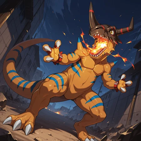 2d, solo, Geogreymon, Digimon (creature), reptile, scalie, dinosaur, orange skin, blue stripes, spikes, claws, toe claws, three toes, yellow eyes, red bracers, brown and red helmet, horns, sharp teeth, tail

BREAK angry, open mouth, fire breathing, outside, standing, dynamic angle, fireball from mouth

BREAK best quality, amazing quality, very aesthetic, absurdres, newest, masterpiece 