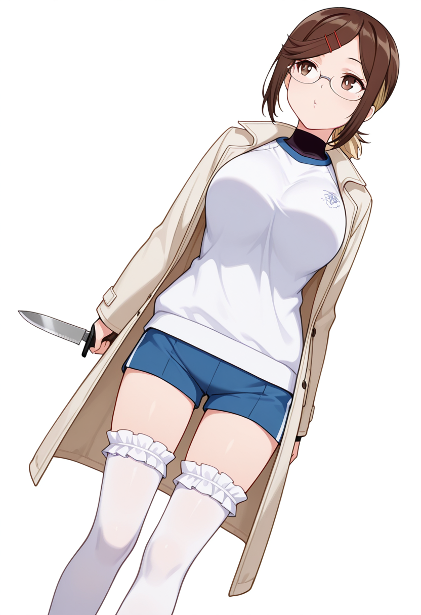 masterpiece,high quality details, absurdres,
 <lora:Konoha_Koga:0.8>koga_cnr, 1girl, brown hair, short hair, brown eyes, blonde hair, two-tone hair, large breasts, semi-rimless eyewear,hairclip,ponytail, 
holding knife,, simple background, white background, dutch angle,solo,, o3o,, coat ,gym shirt,frilled thighhighs,  ,short socks,