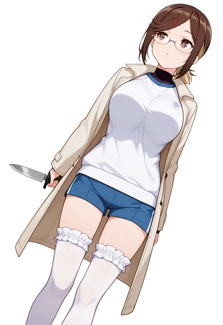 masterpiece,high quality details, absurdres,
<lora:Konoha_Koga:0.8>koga_cnr, 1girl, brown hair, short hair, brown eyes, blonde hair, two-tone hair, large breasts, semi-rimless eyewear,hairclip,ponytail,
holding knife,, simple background, white background, dutch angle,solo,, o3o,, coat ,gym shirt,frilled thighhighs, ,short socks,