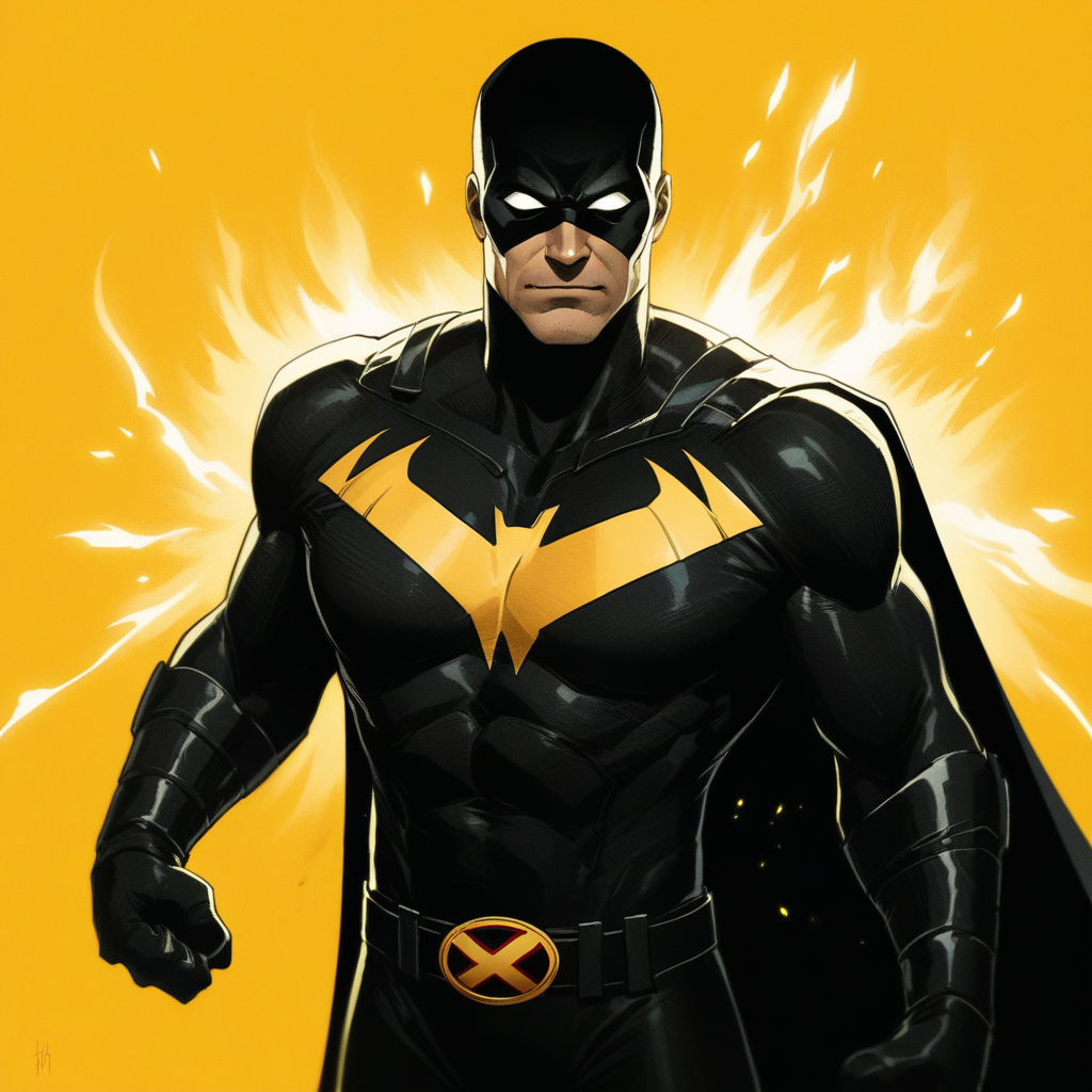 Source_comics, marvel, DC, dc comics, wh1t3ey3s,((score_9)),score_8_up,score_7_up,score_6_up,score_5_up,score_4_up, 1boy, solo, superhero_costume, white eyes, no pupils, superhero, black theme, muscular,cape, bodysuit , black gloves, belt, yellow background, sparks, flames, shadows,