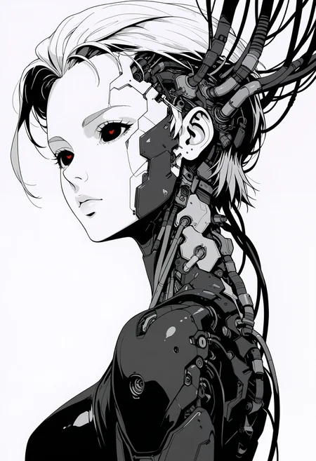 masterpiece, best quality, good quality, very aesthetic, absurdres, newest, 8K, depth of field, focused subject, ghost in the shell aesthetic, monochrome, black and white, line art, sketch style, technical drawing, closeup quarter upper body shot, almost from side, 1girl, cyborg, gynoid, face focus, segmented face with panel lines, dark vacant eyes, intricate wiring and cables extending upwards from head and neck, exposed mechanical components above cranium, cyberpunk, high contrast black and white background, clinical atmosphere.
